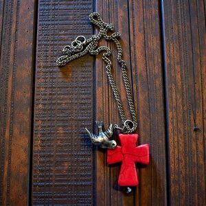 Red Cross Pendant Necklace with Hope Dove Bird Charm